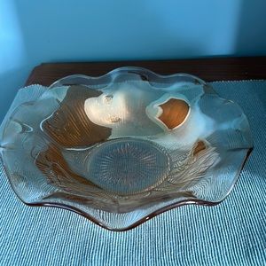 Beautiful Vintage Iridescent Amber Carnival Glass Bowl Ruffled Iris Pattern